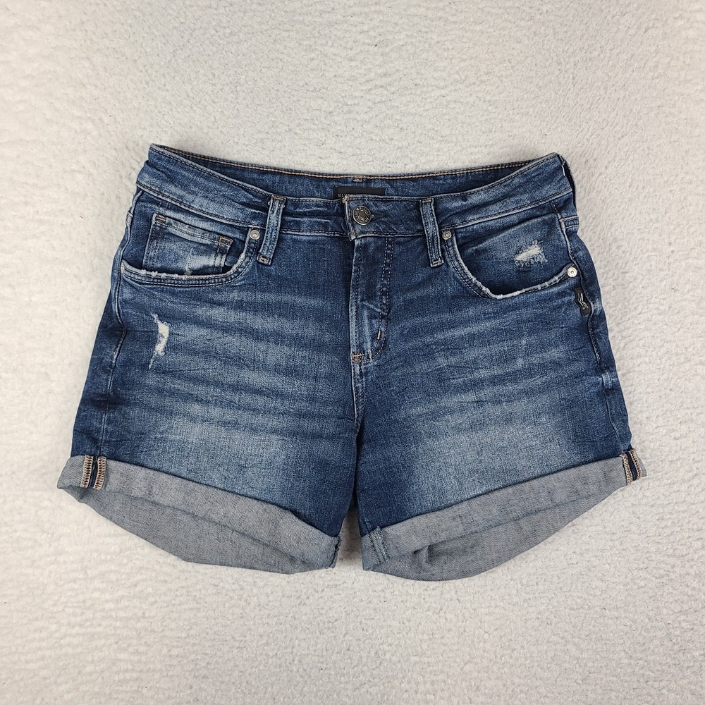 Silver Jean Shorts Womens 28 Boyfriend 4.5" Inseam Blue Denim Dark Wash Roll Up